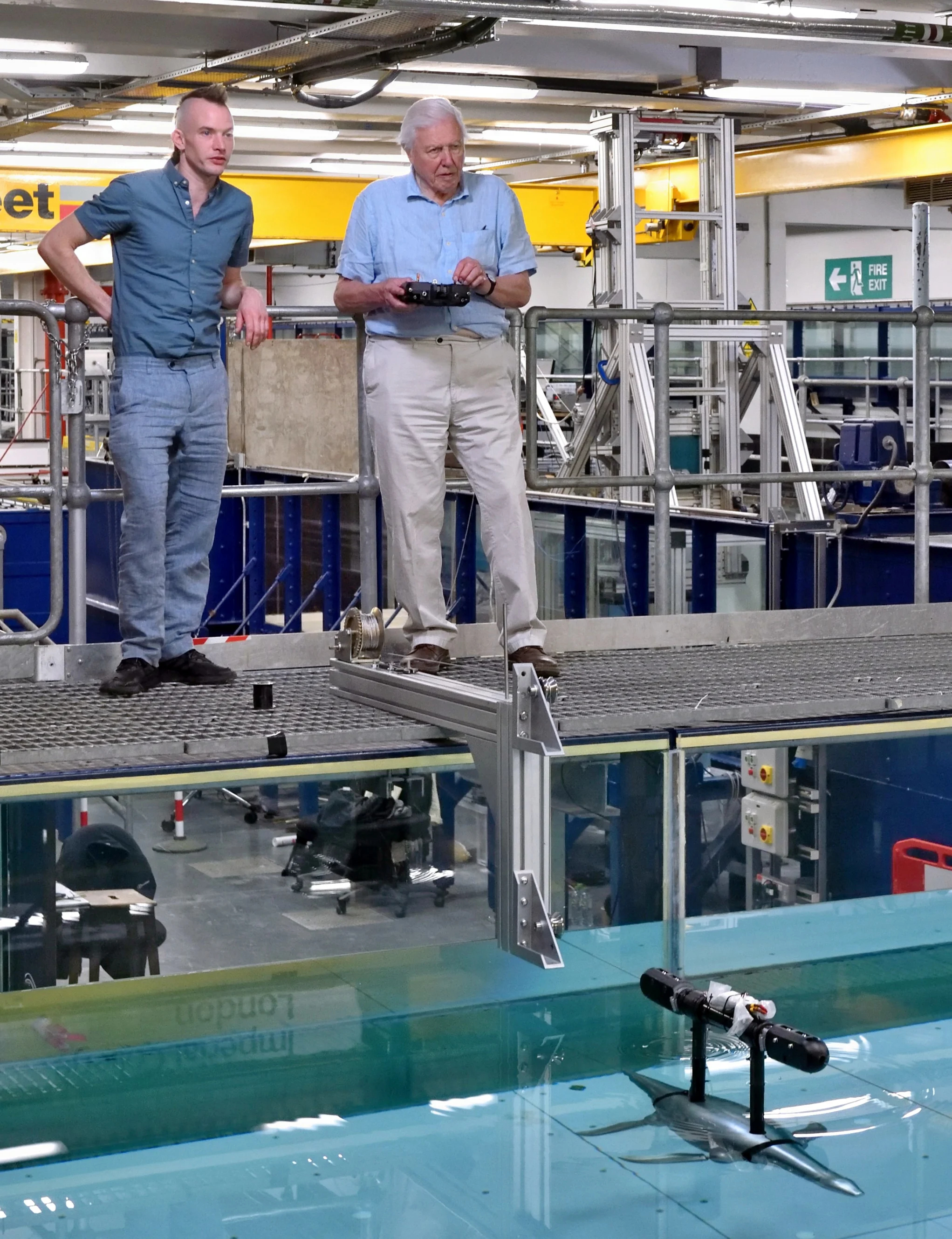 Sir David Attenborough controlling Plesiosaur Robot in water